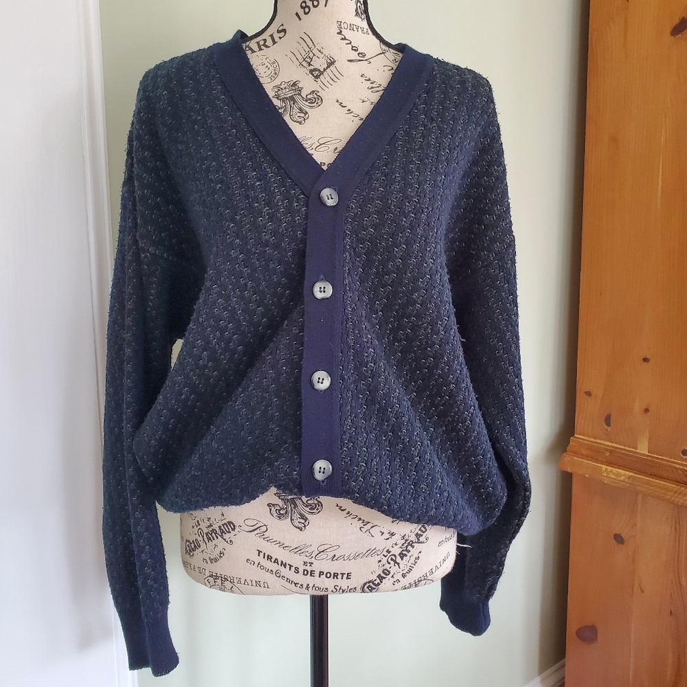 Vintage Navy Blue Knit Grandpa Cardigan